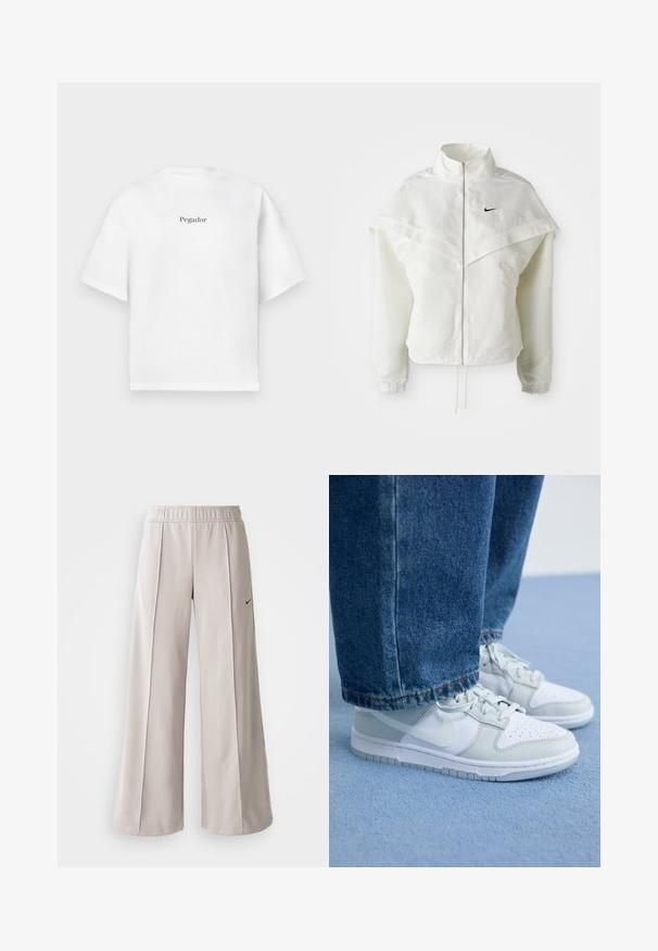 White long-sleeve zip-up jacket with high collar, cape-like detail across shoulders, elastic cuffs, and small black Nike logo on chest.; White short-sleeve t-shirt made of cotton, featuring a crew neck and a centered black print of the word "Pegador" on the front.; Light gray wide-leg pants made of smooth fabric. Features an elastic waistband and black Nike logo on the left side.; Nike sneakers in white and light gray leather with perforated toe, flat laces, and a rubber sole, paired with blue denim jeans.