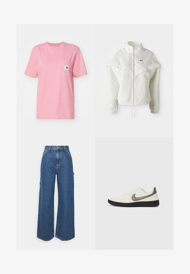 Hvid langærmet zip-up jakke med høj krave, kappe-lignende detaljer over skuldrene, elastiske manchetter og lille sort Nike-logo på brystet.; Carhartt WIP POCKET - T-shirts basic - dusty rose; Bredde ben blå denimbukser med høj talje, kontrastsyede sømme og sidelommer, med et klassisk fem-lomme design og rå kanter.; Nike Sportswear FIELD GENERAL - Sneakers - off-white/black
