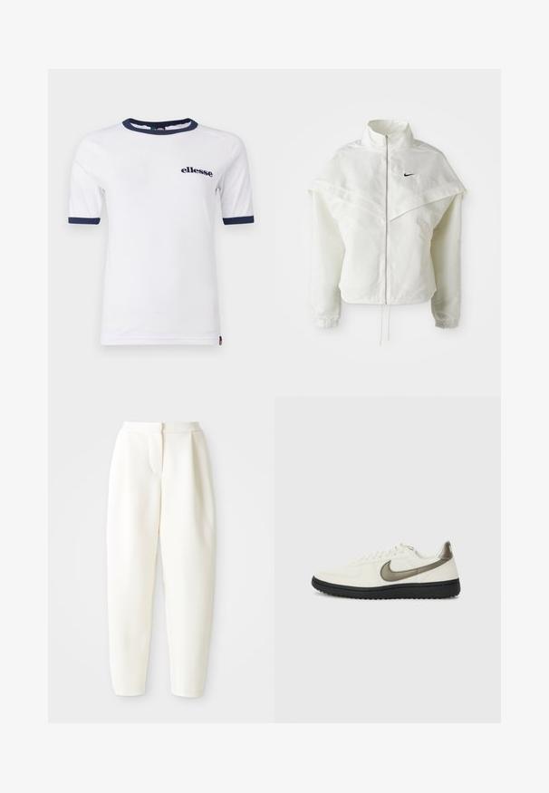 Biela bunda s dlhým rukávom na zips a vysokým golierom, s plášťovým detailom cez plecia, elastickými manžetami a malým čiernym logom Nike na hrudi.; Biela tričko s okrúhlym výstrihom a krátkymi rukávmi. Obsahuje námornícky modrý lem na krku a rukávoch. Na prednej strane sa nachádza malé logo "ellesse".; Biele nohavice s vysokým pásom a zužujúcim sa strihom, s skrytým predným zapínaním a bočnými vreckami, vystavené na jednofarebnom bielom pozadí.; Nike Sportswear FIELD GENERAL - Tenisky - off-white/black