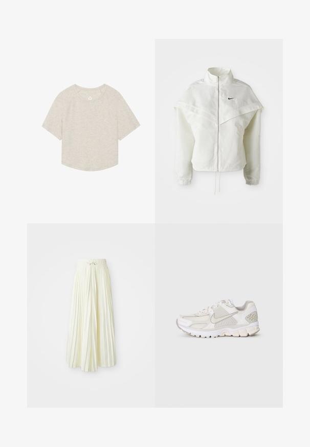 Biela bunda s dlhým rukávom na zips a vysokým golierom, s plášťovým detailom cez plecia, elastickými manžetami a malým čiernym logom Nike na hrudi.; Svetlo béžový krátky tričko vyrobené z mäkkej látky, s okrúhlym výstrihom, krátkymi raglánovými rukávmi a malým logom na hrudi.; Plisovaná midi sukňa v svetložltej látke, so širokým elastickým pásom a viazaním, hladkou textúrou a vertikálnymi prúžkami pre ďalší detail.; Biele športové tenisky z sieťoviny a syntetických materiálov. Vyznačujú sa textúrovaným dizajnom, polstrovaným golierom a geometrickými akcentmi na päte.