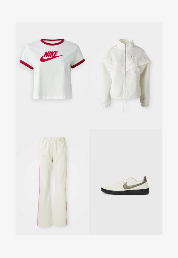 Jaqueta branca de mangas longas com fecho éclair e gola alta, detalhe tipo capa nos ombros, punhos elásticos e pequeno logótipo preto da Nike no peito.; T-shirt cropped de algodão branco com gola e punhos das mangas canelados em vermelho, apresentando um grande logotipo vermelho da Nike na parte da frente.; Calças bege claras com uma cintura elástica, apresentando painéis laterais cor-de-rosa e bolsos laterais. Textura suave com um design de perna reta.; Nike Sportswear FIELD GENERAL - Sapatilhas - off-white/black