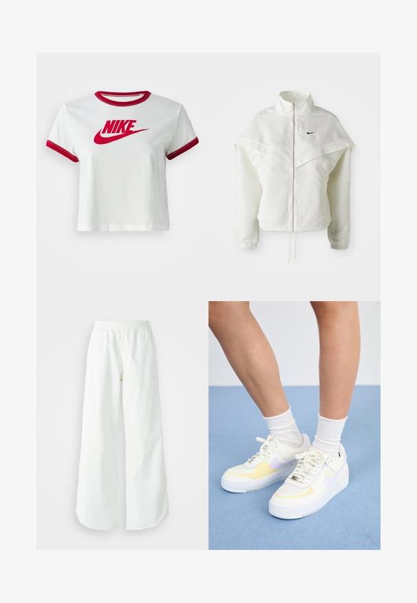 Λευκό ζακέτα με μακριά μανίκια και κλείσιμο με φερμουάρ, υψηλό γιακά, λεπτομέρεια που μοιάζει με κάπα στους ώμους, ελαστικούς μανσέτες και μικρό μαύρο λογότυπο Nike στο στήθος.; Λευκό βαμβακερό κοντομάνικο μπλουζάκι με κόκκινη ριμπ-λαιμόκοψη και μπούρια μανικιών, με μεγάλο κόκκινο λογότυπο Nike μπροστά.; Λευκό αθλητικό παντελόνι σε φαρδιά γραμμή με ραμμένο ζώνη και διακριτική λεπτομέρεια λογότυπου. Απαλή υφή με άνετη εφαρμογή και στενό στρίφωμα.; Λευκά δερμάτινα αθλητικά παπούτσια με κίτρινες και λιλά λεπτομέρειες, στρογγυλή μύτη, επίπεδες κορδόνια και υφασμάτινη σόλα από καουτσούκ με υφή. Φοριούνται με λευκές κάλτσες.