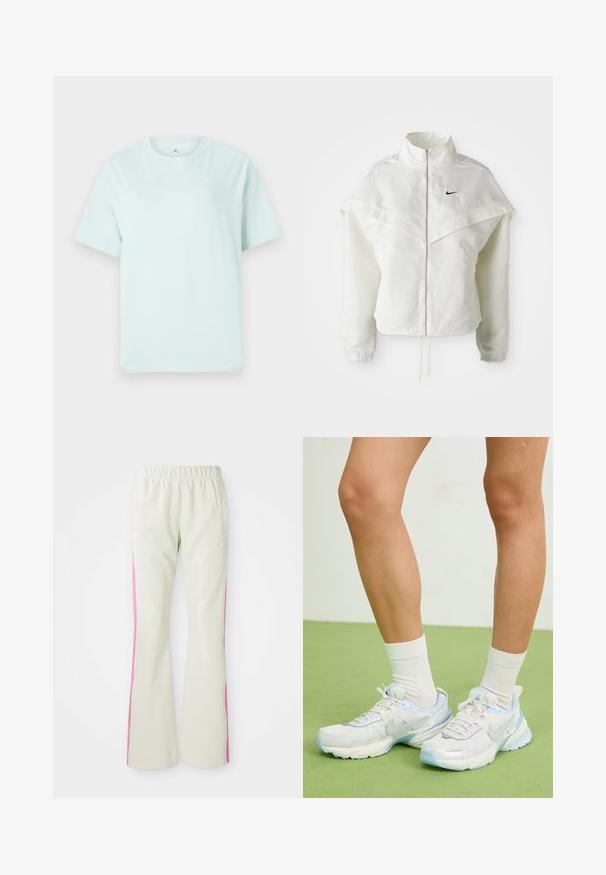 Hvit langermet jakke med glidelås og høy krage, kappe-lignende detaljer over skuldrene, elastiske mansjetter, og liten svart Nike-logo på brystet.; Lys mintgrønn bomulls t-skjorte med korte ermer og rund hals. Har en liten hvit logo på øvre venstre bryst.; Lys beige bukser med elastisk linning, med rosa sidepaneler og sidelommer. Glatt tekstur med rett ben-design.; Hvite og lyseblå joggesko laget av mesh og syntetiske materialer, med teksturerte detaljer, avrundet form og en polstret såle.