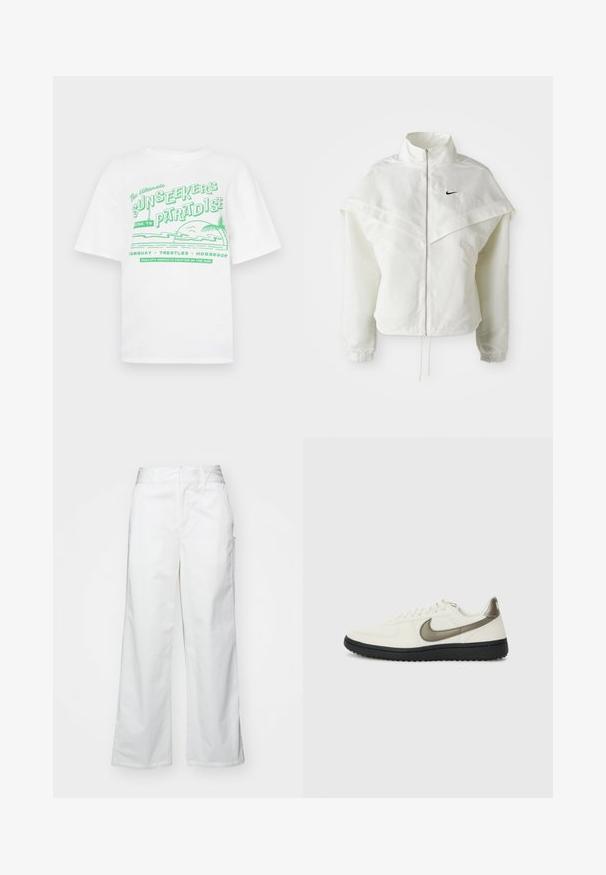 Biała, długozapinana kurtka na zamek z wysokim kołnierzem, z pelerynowym detalem na ramionach, elastycznymi mankietami i małym czarnym logo Nike na piersi.; Biały bawełniany t-shirt z krótkimi rękawami, z zielonym graficznym napisem i motywami wyspy, w tym palmami i wzorem zachodu słońca.; Białe spodnie o szerokich nogawkach wykonane z bawełny, charakteryzujące się gładką fakturą, prostym krojem, przednimi kieszeniami i czystym wykończeniem.; Nike Sportswear - Sneakersy niskie