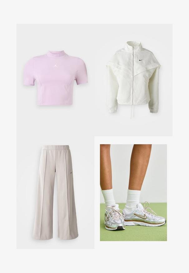 Hvit langermet jakke med glidelås og høy krage, kappe-lignende detaljer over skuldrene, elastiske mansjetter, og liten svart Nike-logo på brystet.; Kortsleevet cropped topp i lys lilla, laget av stretchy stoff. Har en mock neck og en hvit logo på brystet. Glatt tekstur.; Lys grå vide bukser lavet af glat stof. Har en elastisk talje og sort Nike-logo på venstre side.; Sølvsportssko med hvite og gullfarger, som har et mesh-overdel, gummisåle og en reflekterende finish. Sokker synlige over ankelen.