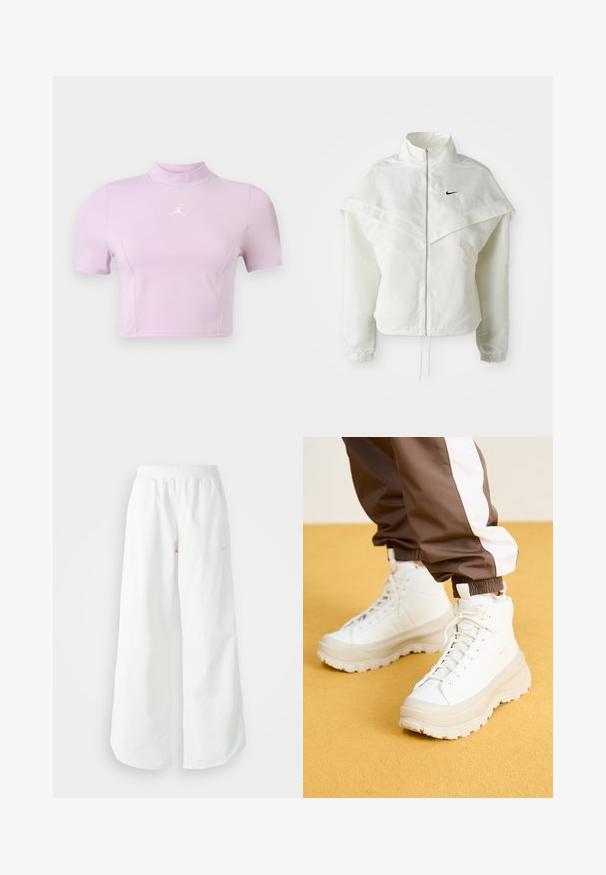 Jaqueta branca de mangas longas com fecho éclair e gola alta, detalhe tipo capa nos ombros, punhos elásticos e pequeno logótipo preto da Nike no peito.; Top cropped de mangas curtas em roxo claro, feito de um tecido elástico. Apresenta um gola alta e um logo branco no peito. Textura lisa.; Calças atléticas largas brancas com uma cintura canelada e um discreto detalhe de logótipo. Tecido suave com um corte relaxado e terminações ajustadas.; Ténis brancos de cano alto com uma sola grossa e texturizada, apresentando um cabedal liso, bico redondo e atacadores tonalizados, sobre um fundo amarelo.