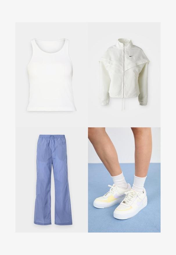 Giacca bianca a maniche lunghe con zip e colletto alto, dettaglio a mantella sulle spalle, polsini elasticizzati e piccolo logo Nike nero sul petto.; Canotta bianca a coste con scollatura rotonda e design senza maniche. Texture morbida, forma aderente e orlo diritto. Senza motivi né dettagli.; Pantaloni leggeri blu con vita elastica, caratterizzati da una vestibilità ampia e piping laterali. Realizzati in materiale liscio e resistente.; Sneakers bianchi in pelle con accenti gialli e lavanda, punta tonda, lacci piatti e suola in gomma texturizzata. Indossati con calzini bianchi.