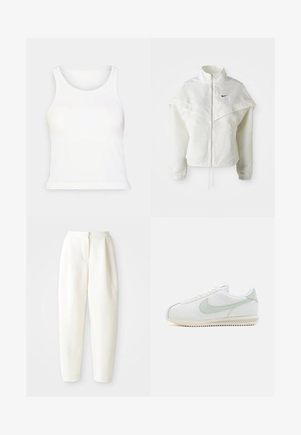 Giacca bianca a maniche lunghe con zip e colletto alto, dettaglio a mantella sulle spalle, polsini elasticizzati e piccolo logo Nike nero sul petto.; Canotta bianca a coste con scollatura rotonda e design senza maniche. Texture morbida, forma aderente e orlo diritto. Senza motivi né dettagli.; Pantaloni bianchi a vita alta e gamba affusolata con chiusura frontale nascosta e tasche laterali, esibiti su uno sfondo bianco semplice.; Scarpe in pelle bianche con accenti verde chiaro. Punta arrotondata, design con lacci e suola testurizzata con un motivo a zigzag. Stile minimalista.