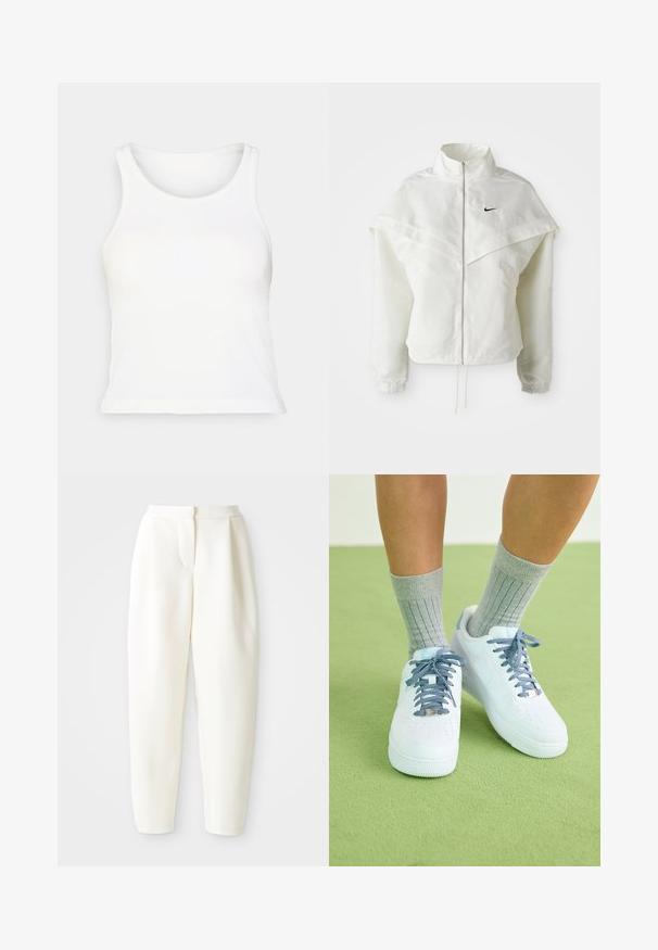 Biała, długozapinana kurtka na zamek z wysokim kołnierzem, z pelerynowym detalem na ramionach, elastycznymi mankietami i małym czarnym logo Nike na piersi.; Biała, prążkowana koszulka na ramiączkach z okrągłym dekoltem i bez rękawów. Miękka tekstura, dopasowany kształt i prosty dół. Bez wzorów ani akcentów.; Białe spodnie z wysokim stanem, zwężające się ku dołowi, z ukrytym zapięciem z przodu i kieszeniami po bokach, przedstawione na jednolitym białym tle.; Białe skórzane sneakersy z niebieskimi akcentami, perforowanym wzorem na palcach oraz teksturowanymi niebiesko-białymi sznurowadłami, noszone z szarymi skarpetkami w prążki.
