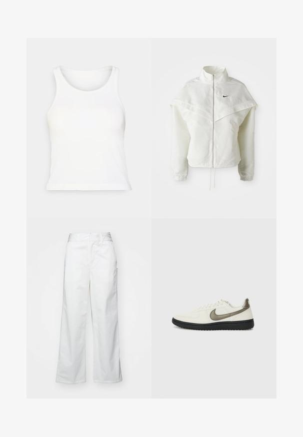 Giacca bianca a maniche lunghe con zip e colletto alto, dettaglio a mantella sulle spalle, polsini elasticizzati e piccolo logo Nike nero sul petto.; Canotta bianca a coste con scollatura rotonda e design senza maniche. Texture morbida, forma aderente e orlo diritto. Senza motivi né dettagli.; Pantaloni bianchi a gamba larga realizzati in cotone, con una texture liscia, vestibilità dritta, tasche frontali e orlo pulito.; Nike Sportswear FIELD GENERAL - Sneakers basse - off-white/black
