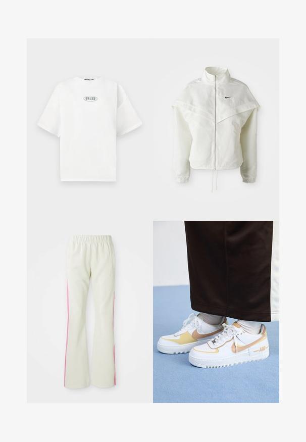 Witte lange mouwen zip-up jas met hoge kraag, cape-achtige details over de schouders, elastische manchetten en een klein zwart Nike-logo op de borst.; Witte T-shirt met korte mouwen van katoen, met een grafisch logo in het groen binnen een ovale vorm in het midden van de borst.; Lichtbeige broek met een elastische tailleband, voorzien van roze zijpanelen en zijzakken. Gladde textuur met een recht gesneden pasvorm.; Witte leren sneakers met gouden accenten, voorzien van een geperforeerde neus, platte veters en een dikke rubberen zool met het "AIR"-logo aan de zijkant.