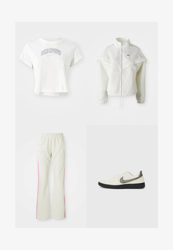 Jaqueta branca de mangas longas com fecho éclair e gola alta, detalhe tipo capa nos ombros, punhos elásticos e pequeno logótipo preto da Nike no peito.; Camiseta branca cropped feita de algodão, com "NIKE SPORTS" em bordado roxo e um pequeno logótipo da Nike. Mangas curtas e decote redondo.; Calças bege claras com uma cintura elástica, apresentando painéis laterais cor-de-rosa e bolsos laterais. Textura suave com um design de perna reta.; Nike Sportswear FIELD GENERAL - Sapatilhas - off-white/black