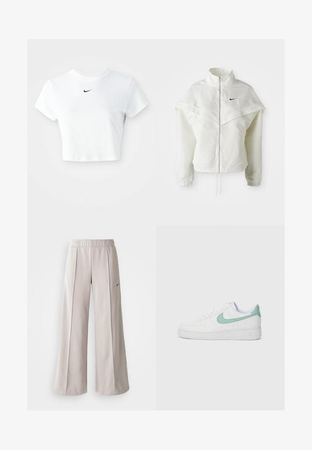 Jaqueta branca de mangas longas com fecho éclair e gola alta, detalhe tipo capa nos ombros, punhos elásticos e pequeno logótipo preto da Nike no peito.; T-shirt branca cropped, feita de algodão, com mangas curtas e decote redondo, apresentando o logótipo da Nike em preto no peito.; Calças largas de tom cinza claro feitas de tecido suave. Apresentam uma cintura elástica e o logo da Nike em preto no lado esquerdo.; Shoe de couro branco com um swoosh e tab de calcanhar em verde menta da Nike, sola texturizada e design clássico de atacadores.