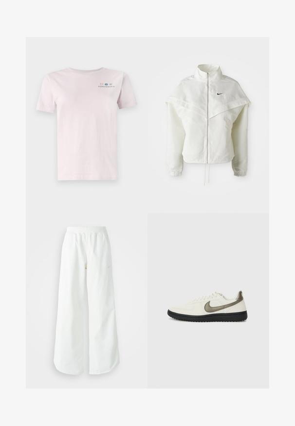 Balta ilga rankovė zip-up striukė su aukštu apykakle, švarkelio tipo detalėmis ant pečių, elastingomis rankovėmis ir mažuoju juodu Nike logotipu ant krūtinės.; Šviesiai rožinė medvilninė marškinėliai trumpomis rankovėmis ir apvaliu kaklu, su daugiaspalviu "Converse" logotipu ant krūtinės.; Balti sportiniai keliai su platėjančiomis kojomis, su įtemptu juosmeniu ir subtilia logotipo detale. Lygus audinys, laisvas kirpimas ir siaurėjantis apatinis kraštas.; Nike Sportswear FIELD GENERAL - Sportbačiai - off-white/black