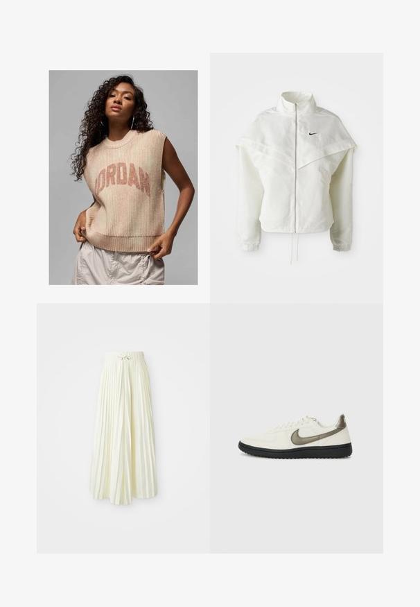Hvid langærmet zip-up jakke med høj krave, kappe-lignende detaljer over skuldrene, elastiske manchetter og lille sort Nike-logo på brystet.; Lys beige ærmeløs sweater med ribstruktur, der har et fremtrædende "JORDAN" logo i mørkere beige. Casual design med løst fit.; Plisseret midi-nederdel i lys gul stof, med elastisk talje og bindebånd, glat tekstur og lodrette striber for ekstra detaljer.; Nike Sportswear FIELD GENERAL - Sneakers - off-white/black