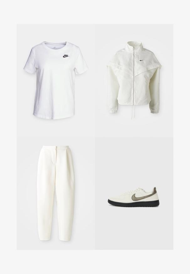 Hvit langermet jakke med glidelås og høy krage, kappe-lignende detaljer over skuldrene, elastiske mansjetter, og liten svart Nike-logo på brystet.; Hvit bomulls t-skjorte med rund hals og korte ermer. Har en svart Nike-logo på øvre venstre brystområde.; Høytlivede, smale hvite bukser med skjult frontlukking og sidelommer, vist mot en ensfarget hvit bakgrunn.; Nike Sportswear FIELD GENERAL - Joggesko - off-white/black