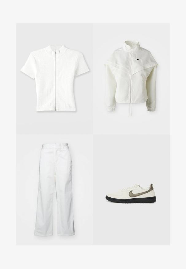 Biela bunda s dlhým rukávom na zips a vysokým golierom, s plášťovým detailom cez plecia, elastickými manžetami a malým čiernym logom Nike na hrudi.; Priliehavý biely rebrovaný pletený top s krátkym rukávom, vysokým golierom a predným zipsom. Vyznačuje sa jemnou textúrou a čistým prevedením.; Biele široké nohavice vyrobené z bavlny, s hladkým povrchom, rovnou siluetou, prednými vreckami a čistým lemom.; Nike Sportswear FIELD GENERAL - Tenisky - off-white/black