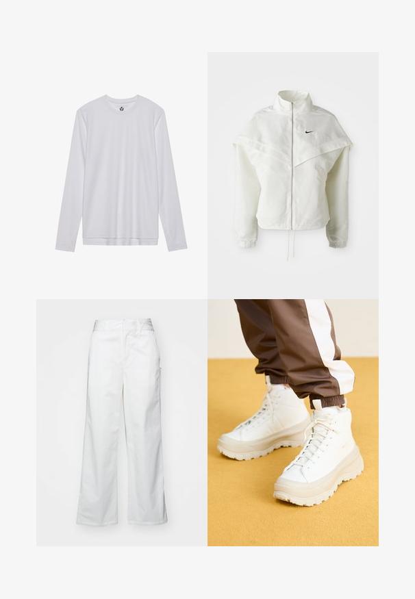 Balta garās piedurknes ar rāvējslēdzēju jaka ar augstu apkakli, apmetņa līdzīga detaļa uz pleciem, elastīgas aproces un mazs melns Nike logotips uz krūtīm.; Garais piedurkņu baltais krekls, izgatavots no gludas auduma, ar apaļu izgriezumu un taisnu griezumu. Nav redzami nekādi raksti vai akcenti.; Balti platie kājas bikses no kokvilnas, ar gludu tekstūru, taisnu piegriezumu, priekšējām kabatām un tīru apakšmalu.; Balti augstie kedu ar masīvu, tekstūrētu zoli, gluda augšdaļa, apaļa purngalu un tonālām šņorēm uz dzeltena fona.
