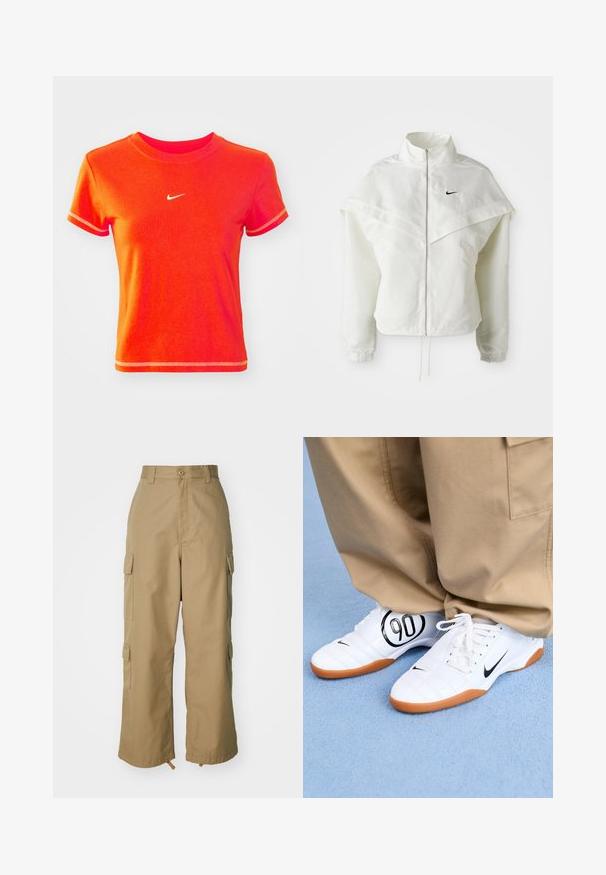 Bela jakna z dolgimi rokavi in zadrgo, visokim ovratnikom, plaščastim detajlom čez ramena, elastičnimi manšetami in majhnim črnim logotipom Nike na prsih.; Rdeč skrajšan T-shirt iz bombaža, s plitkim okroglim izrezom in kratkimi rokavi. Na sprednji strani se nahaja majhen bel logotip Nike.; Bežne cargo hlače z visokim pasom, širokimi nogami in štirimi velikimi stranskimi žepi. Narejene so iz trpežnega materiala z gladko teksturo in minimalnimi detajli.; Bele športne copate z quiltastim vzorcem, črnimi Nike znakom in izrazito črno grafiko "90" na strani, v kombinaciji z kahkiji hlačami.