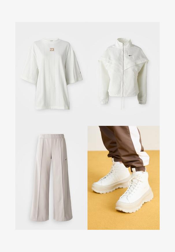 White long-sleeve zip-up jacket with high collar, cape-like detail across shoulders, elastic cuffs, and small black Nike logo on chest.; White short-sleeve T-shirt with vertical lines and a round neckline. Features a textured "23" logo on the chest and a small accent logo on the sleeve.; Light gray wide-leg pants made of smooth fabric. Features an elastic waistband and black Nike logo on the left side.; White high-top sneakers with a chunky, textured sole, featuring a smooth upper, round toe, and tonal laces, set against a yellow background.