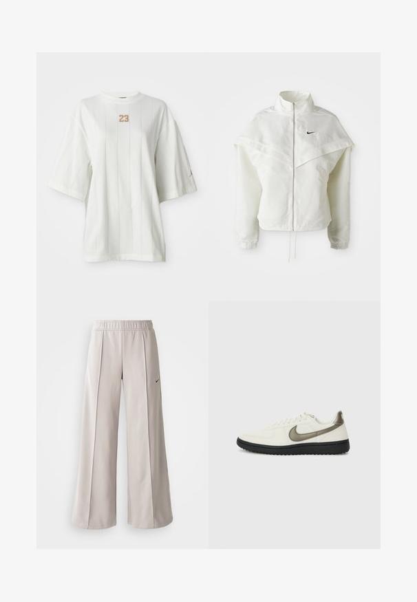 White long-sleeve zip-up jacket with high collar, cape-like detail across shoulders, elastic cuffs, and small black Nike logo on chest.; White short-sleeve T-shirt with vertical lines and a round neckline. Features a textured "23" logo on the chest and a small accent logo on the sleeve.; Light gray wide-leg pants made of smooth fabric. Features an elastic waistband and black Nike logo on the left side.; Nike Sportswear FIELD GENERAL - Trainers - off-white/black