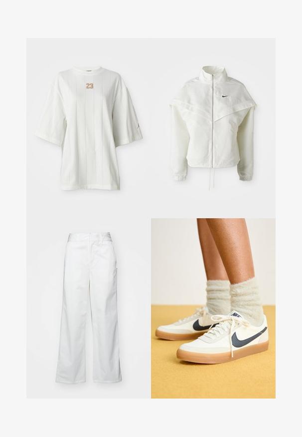 White long-sleeve zip-up jacket with high collar, cape-like detail across shoulders, elastic cuffs, and small black Nike logo on chest.; White short-sleeve T-shirt with vertical lines and a round neckline. Features a textured "23" logo on the chest and a small accent logo on the sleeve.; White wide-leg trousers made from cotton, featuring a smooth texture, straight fit, front pockets, and a clean hem.; White Nike sneakers with navy swoosh, textured fabric, white laces, and gum sole, paired with fuzzy light green socks. Yellow background.