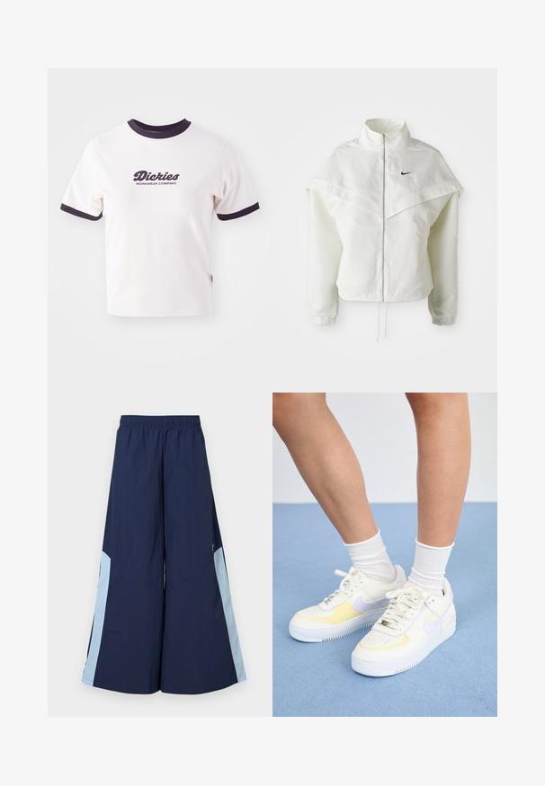 Hvit langermet jakke med glidelås og høy krage, kappe-lignende detaljer over skuldrene, elastiske mansjetter, og liten svart Nike-logo på brystet.; Hvit T-skjorte med mørk marineblå ribbestrikket krage og ermer. Har et stort grafisk tekstlogo i mørk marineblå med teksten "Dickies WORKWEAR COMPANY."; Maritime vide bukser med elastisk talje, med lyseblå sidelapper og en glat tekstur. Designet for komfort og let bevægelse.; Hvit lær sneakers med gule og lavendel detaljer, rund tå, flate lisser, og teksturert gummisåle. Brukt med hvite sokker.