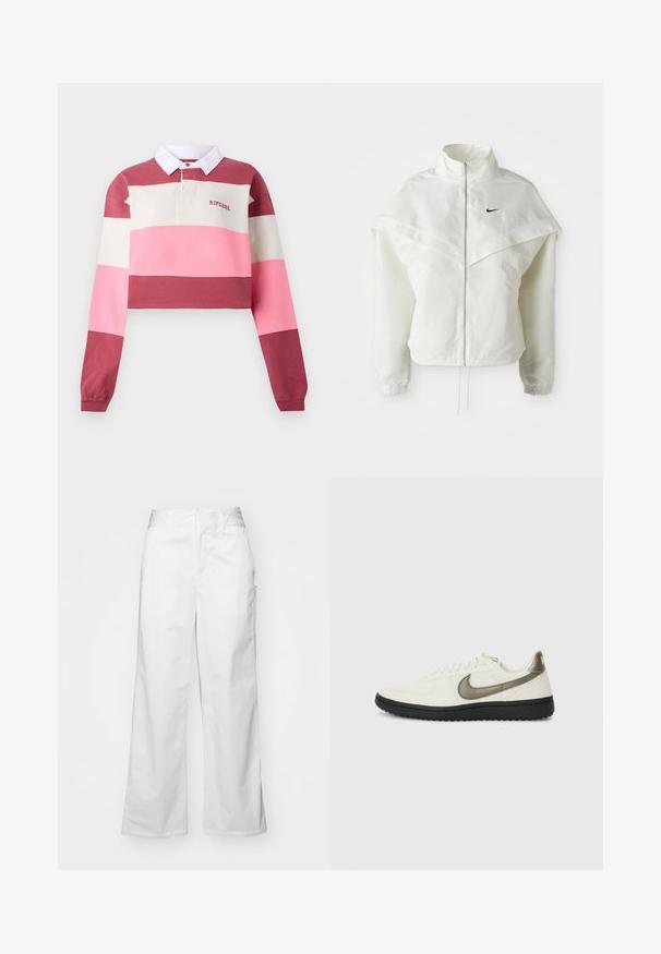 Biela bunda s dlhým rukávom na zips a vysokým golierom, s plášťovým detailom cez plecia, elastickými manžetami a malým čiernym logom Nike na hrudi.; Poloko s dlhým rukávom a skráteným strihom, s horizontálnymi pruhmi v červenej, ružovej a krémovej farbe. Biely golier s vyšitým logom.; Biele široké nohavice vyrobené z bavlny, s hladkým povrchom, rovnou siluetou, prednými vreckami a čistým lemom.; Nike Sportswear FIELD GENERAL - Tenisky - off-white/black