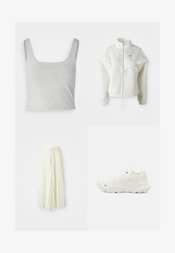 Witte lange mouwen zip-up jas met hoge kraag, cape-achtige details over de schouders, elastische manchetten en een klein zwart Nike-logo op de borst.; Grijze cropped tanktop met brede banden, een vierkante halslijn en een zachte, gladde textuur. Eenvoudig ontwerp zonder extra patronen of accenten.; Gerimpelde midi-jurk in lichtgele stof, voorzien van een elastische tailleband met een strik, een gladde textuur en verticale strepen voor extra details.; Witte sportieve schoen met een netstructuur bovenkant, ronde neus, opvallende zool en een klein zwart swoosh-logo. Lichtbeige accenten en veter.