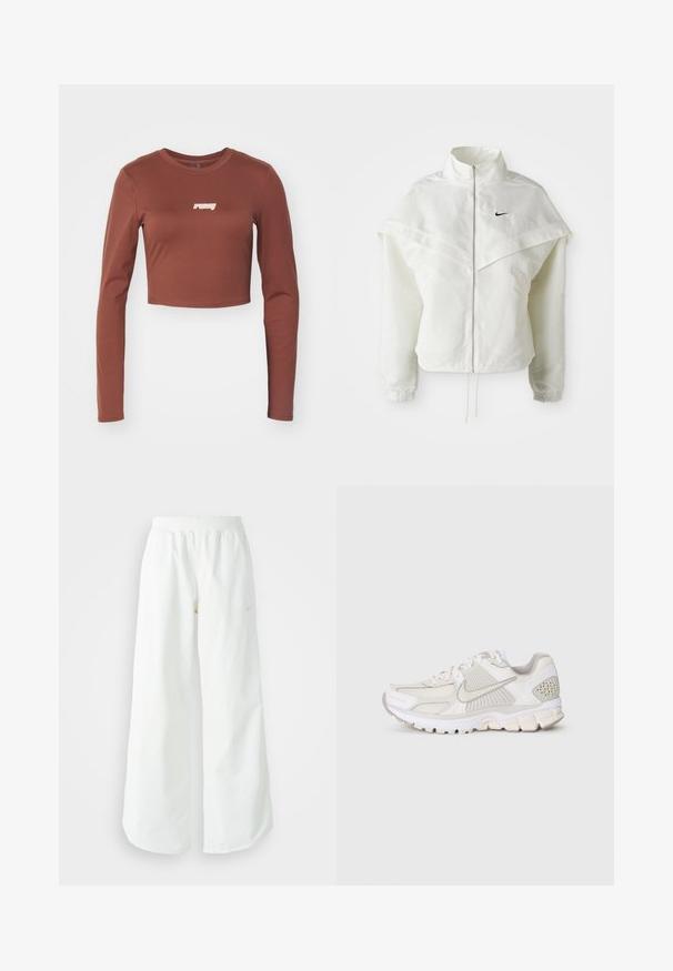 Valge pikkade varrukatega tõmblukuga jakk kõrge kraega, kätetooted, mis meenutavad katet õlgadel, elastsete mansettidega ja väikese musta Nike logoga rinnal.; Pruun pikaaegade varrukatega crop-top, mis on valmistatud venivast materjalist, ees valge "ruby" logo. Sile tekstuur ja liibuv disain.; Valged laiad spordipüksid, ribadega vöökoht ja diskreetne logosümbol. Sile kangas, lõdvestatud istuvus ja kitsenev ääreosa.; Valge spordijalats, mis on valmistatud võrkpinnast ja sünteetilistest materjalidest. Omab tekstuurset disaini, pehmendatud kaelaosasid ja geomeetrilisi aktsente kannal.