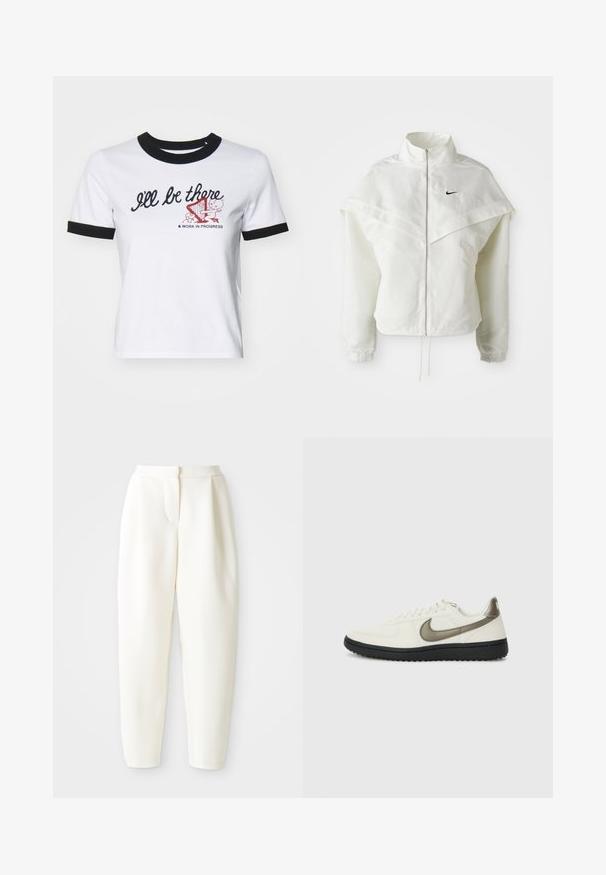 Valge pikkade varrukatega tõmblukuga jakk kõrge kraega, kätetooted, mis meenutavad katet õlgadel, elastsete mansettidega ja väikese musta Nike logoga rinnal.; Valge puuvillane T-särk musta sooniku ja mansettidega. Juhib tähelepanu tekst "Ma olen kohal" ja graafiline kujundus harfiga.; Kõrge vöökoht ja kitsenevad valged püksid peidetud esiklõike ja küljetaskutega, esitlemine lihtsa valge tausta ees.; Nike Sportswear FIELD GENERAL - Tossud - off-white/black