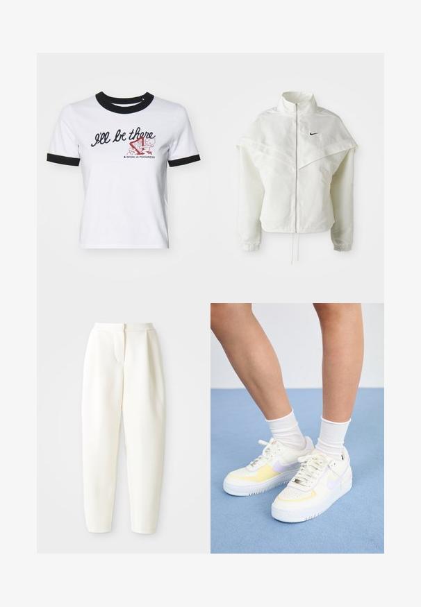 White long-sleeve zip-up jacket with high collar, cape-like detail across shoulders, elastic cuffs, and small black Nike logo on chest.; White cotton t-shirt with black ribbed collar and cuffs. Features text "I'll be there" and a graphic design with a harp.; High-waist tapered white pants with a concealed front closure and side pockets, displayed against a plain white background.; White leather sneakers with yellow and lavender accents, round toe, flat laces, and textured rubber sole. Worn with white socks.
