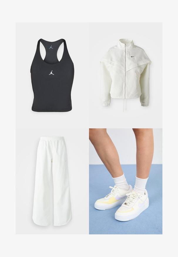 Valge pikkade varrukatega tõmblukuga jakk kõrge kraega, kätetooted, mis meenutavad katet õlgadel, elastsete mansettidega ja väikese musta Nike logoga rinnal.; Must mustriba, ümar kaelus ja racerback disainiga. Rinnal valge Jumpmani logo. Valmistatud siledast ja venivast kangast.; Valged laiad spordipüksid, ribadega vöökoht ja diskreetne logosümbol. Sile kangas, lõdvestatud istuvus ja kitsenev ääreosa.; Valged nahast tossud kollaste ja lavendlitoonide aktsentidega, ümar varvas, tasased paelad ja tekstureeritud kummist tald. Kannab valgeid sokke.