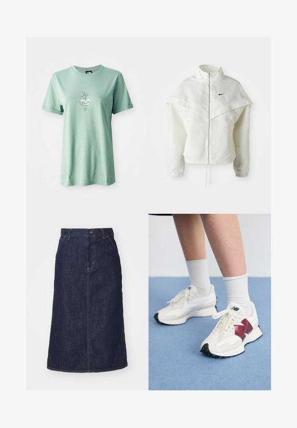 Fehér, hosszú ujjú, zipzáras dzseki magas gallérral, a vállakon lebegő, köpenyszerű résszel, rugalmas mandzsettákkal és kis fekete Nike logóval a mellkason.; Világos zöld pamut póló, rövid felhajtott ujjal, egy középen elhelyezett grafikával egy növényről, amely egy kerek virágcserepben található, logóval az alsó elülső részen.; Sötét farmer szoknya magas derékkal, egyenes szabással, elülső zsebekkel és varrott varrásokkal. A deréknál cipzáros és gombos záródással rendelkezik.; Fehér sneaker pár, bordó kiegészítőkkel, texturált panelekkel, lapos fekete talppal és világos fűzőkkel, fehér bokazoknival viselve.