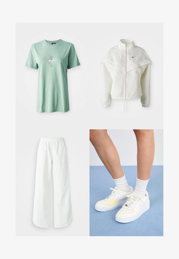 Biela bunda s dlhým rukávom na zips a vysokým golierom, s plášťovým detailom cez plecia, elastickými manžetami a malým čiernym logom Nike na hrudi.; Svetlozelené bavlnené tričko s krátkymi rolovanými rukávmi, s centrálnou grafikou rastliny v okrúhlej kvetináči a logom na dolnej prednej strane.; Biele široké športové nohavice s ribbovaným pásom a jemným logom. Hladká tkanina s uvoľneným strihom a zúženým lemom.; Biele kožené tenisky s žltými a levanduľovými akcentmi, okrúhle špičky, ploché šnúrky a textúrovaná gumová podrážka. Nosené s bielymi ponožkami.
