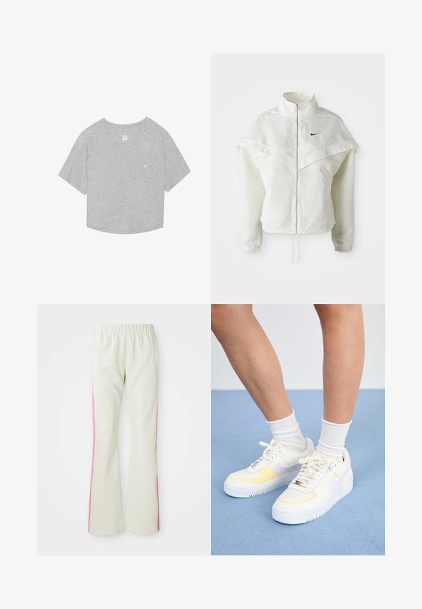 Balta ilga rankovė zip-up striukė su aukštu apykakle, švarkelio tipo detalėmis ant pečių, elastingomis rankovėmis ir mažuoju juodu Nike logotipu ant krūtinės.; Pilkas trumpas marškinėliai su trumpomis raglan rankovėmis, minkšta tekstūra ir maža logotipo spauda šalia kaklo. Apvalus hem pasturgalyje.; Šviesiai smėlio spalvos kelnės su elastinga juosmens juosta, turinčios rožinius šoninius panelius ir šonines kišenes. Lygi tekstūra su tiesiomis kojomis.; Baltos odinės sportbačiai su geltonais ir levandų akcentais, apvaliu pirštu, plokščiomis raišteliais ir tekstūruota guma. Dėvimi su baltais kojinėmis.