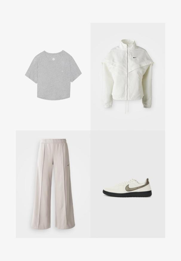 Witte lange mouwen zip-up jas met hoge kraag, cape-achtige details over de schouders, elastische manchetten en een klein zwart Nike-logo op de borst.; Grijze cropped T-shirt met korte raglanmouwen, zachte textuur en een klein logo gedrukt bij de halslijn. Ronde zoom aan de onderkant.; Lichtgrijze wijde broek van glad materiaal. Voorzien van een elastische tailleband en een zwart Nike-logo aan de linkerkant.; Nike Sportswear FIELD GENERAL - Sneakers laag - off-white/black