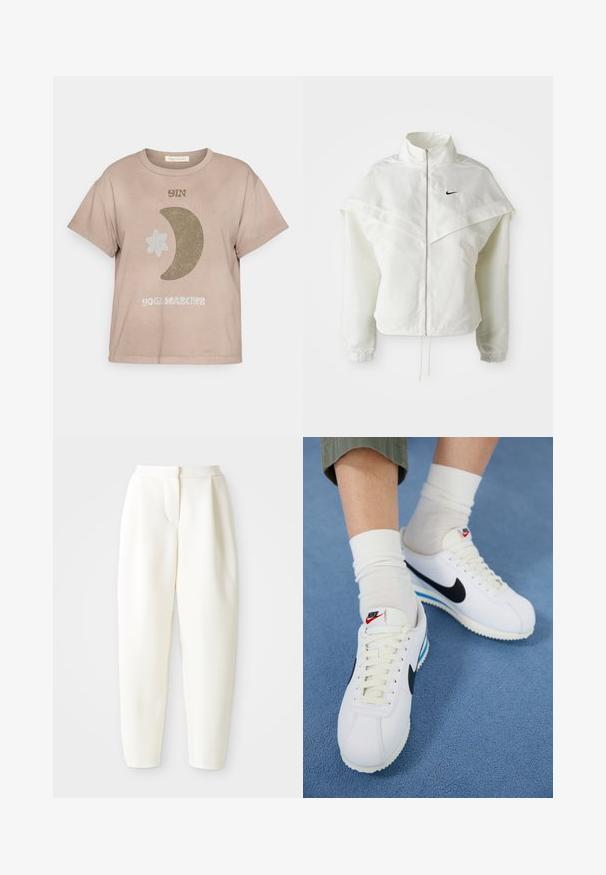 Biała, długozapinana kurtka na zamek z wysokim kołnierzem, z pelerynowym detalem na ramionach, elastycznymi mankietami i małym czarnym logo Nike na piersi.; Krótki rękaw, taupe'owy T-shirt z bawełny z napisem "YIN", grafiką półksiężyca i gwiazdy w ziemistych kolorach. Posiada luźny krój.; Białe spodnie z wysokim stanem, zwężające się ku dołowi, z ukrytym zapięciem z przodu i kieszeniami po bokach, przedstawione na jednolitym białym tle.; Białe sneakersy Nike z czarnym logo, z sznurowanym przodem i białymi podeszwami z niebieskimi akcentami. Noszone z białymi skarpetami za kostkę na zielonych spodniach.