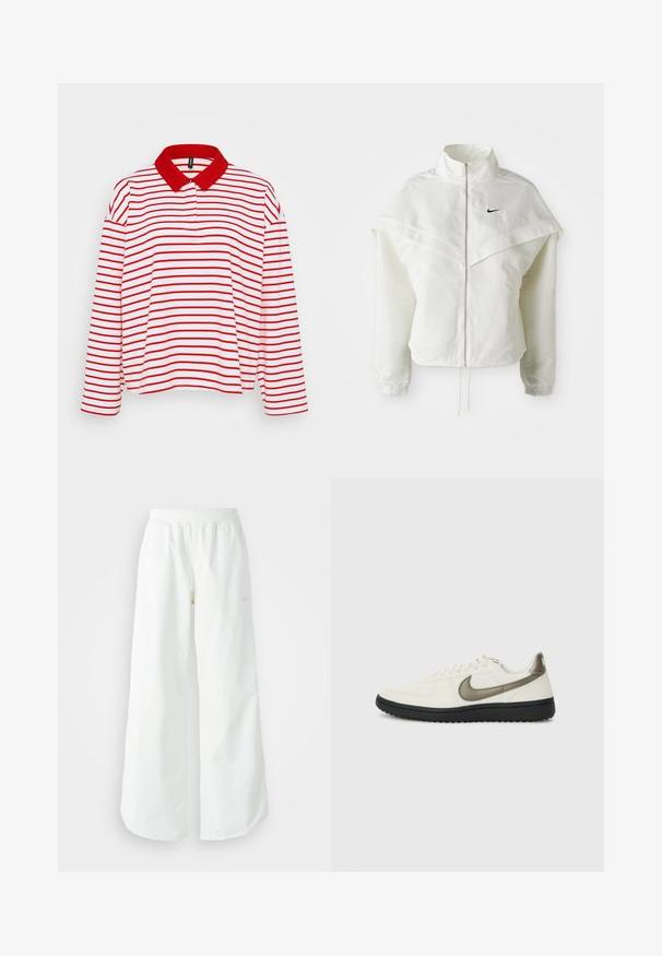 Fehér, hosszú ujjú, zipzáras dzseki magas gallérral, a vállakon lebegő, köpenyszerű résszel, rugalmas mandzsettákkal és kis fekete Nike logóval a mellkason.; Hosszúujjú pólóing piros gallérral, vízszintes piros és fehér csíkokkal, lazább fazonnal. Puha pamut anyag.; Fehér, bő szárú sportnadrág ribbelt derékpánttal és diszkrét logórésszel. Simá szövet, laza szabással és taperált szárral.; Nike Sportswear FIELD GENERAL - Sportcipő - off-white/black