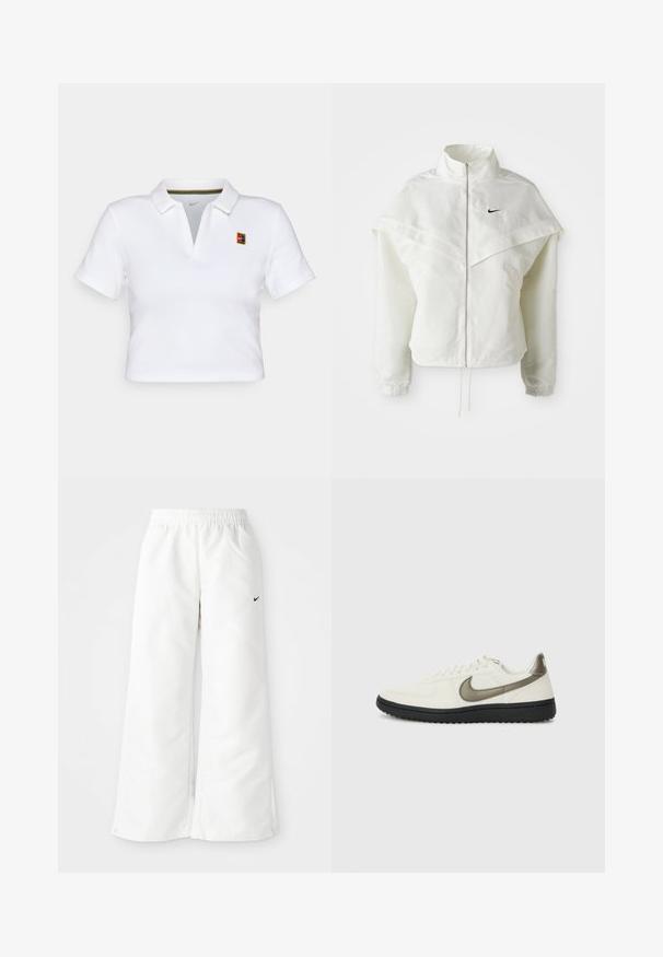 Hvit langermet jakke med glidelås og høy krage, kappe-lignende detaljer over skuldrene, elastiske mansjetter, og liten svart Nike-logo på brystet.; Hvit kortermet polo-shirt med kragehals, med en liten farget Nike-logo og et flerfarget stripete aksent inni kragen.; Hvite treningsbukser med vid benutforming, elastisk midje og en liten svart Nike-logo på venstre side. Glatt, lett materiale.; Nike Sportswear FIELD GENERAL - Joggesko - off-white/black