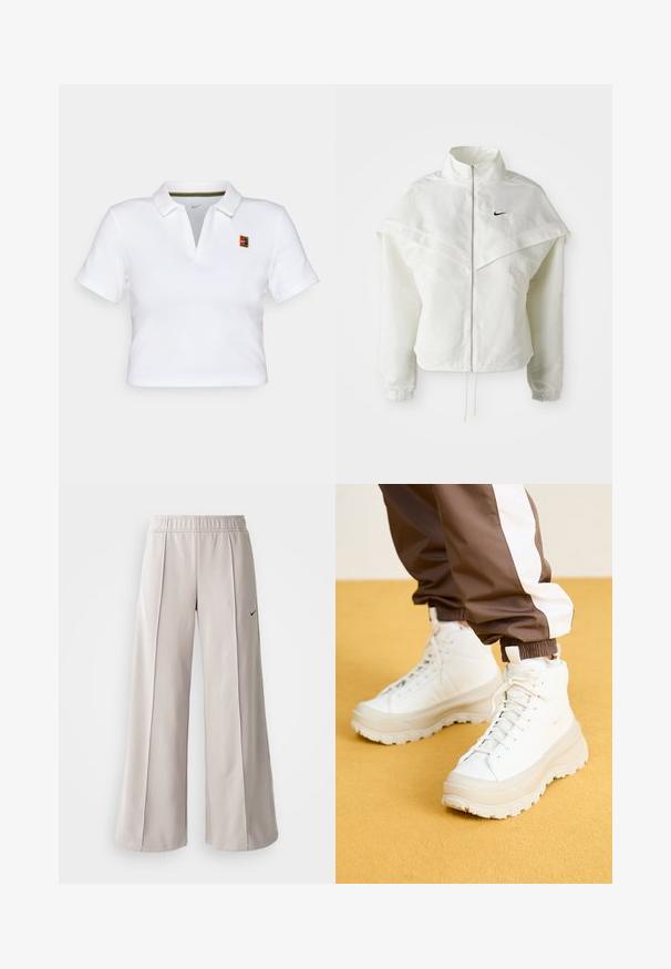 Jaqueta branca de mangas longas com fecho éclair e gola alta, detalhe tipo capa nos ombros, punhos elásticos e pequeno logótipo preto da Nike no peito.; Camisa polo branca de manga curta com gola, apresentando um pequeno logo colorido da Nike e um detalhe em riscas multicoloridas no interior da gola.; Calças largas de tom cinza claro feitas de tecido suave. Apresentam uma cintura elástica e o logo da Nike em preto no lado esquerdo.; Ténis brancos de cano alto com uma sola grossa e texturizada, apresentando um cabedal liso, bico redondo e atacadores tonalizados, sobre um fundo amarelo.