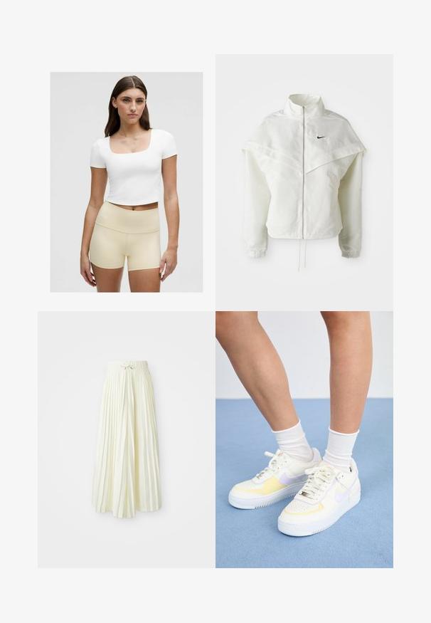 Biała, długozapinana kurtka na zamek z wysokim kołnierzem, z pelerynowym detalem na ramionach, elastycznymi mankietami i małym czarnym logo Nike na piersi.; Biała krótka koszulka z kwadratowym dekoltem, w zestawie z jasnobeżowymi szortami o wysokim stanie, gładki materiał, dopasowany krój.; Skórzana spódnica midi w jasnym żółtym kolorze, z elastycznym pasem z wiązaniem, gładką fakturą i pionowymi paskami dla dodatkowego akcentu.; Białe skórzane sneakersy z żółtymi i lawendowymi akcentami, okrągły nos, płaskie sznurówki i teksturowana gumowa podeszwa. Noszone z białymi skarpetkami.