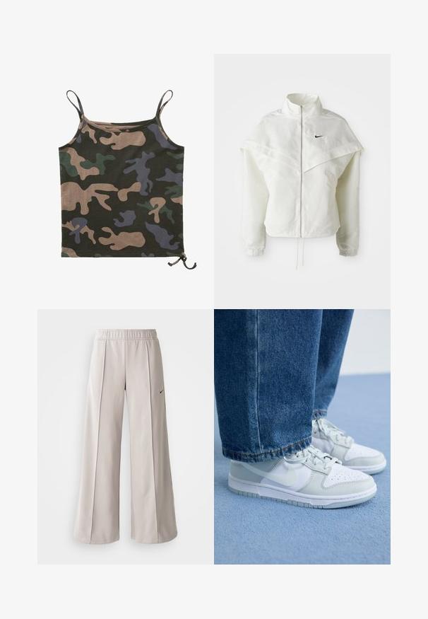 Fehér, hosszú ujjú, zipzáras dzseki magas gallérral, a vállakon lebegő, köpenyszerű résszel, rugalmas mandzsettákkal és kis fekete Nike logóval a mellkason.; Brandit Felső - darkcamo; Világosszürke, bő szabású nadrág sima anyagból. Gumírozott derékrésszel és fekete Nike logóval a bal oldalon.; Fehér és világosszürke bőrből készült Nike sportcipő lyukacsos orral, lapos fűzőkkel és gumitalppal, kék farmernadrággal párosítva.