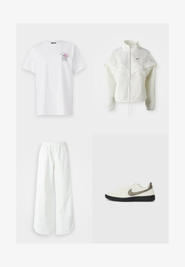 Balta garās piedurknes ar rāvējslēdzēju jaka ar augstu apkakli, apmetņa līdzīga detaļa uz pleciem, elastīgas aproces un mazs melns Nike logotips uz krūtīm.; Balts kokvilnas T-kreklis ar apaļu kaklu, īsām piedurknēm un drukātu dizainu kreisajā krūtī ar rozā un pelēkiem akcentiem.; Baltas, platais sporta bikses ar ribotu jostasvītru un smalku logotipa detaļu. Gluda auduma ar brīvu piegriezumu un sašaurinātu apakšdaļu.; Nike Sportswear FIELD GENERAL - Treniņu apavi - off-white/black