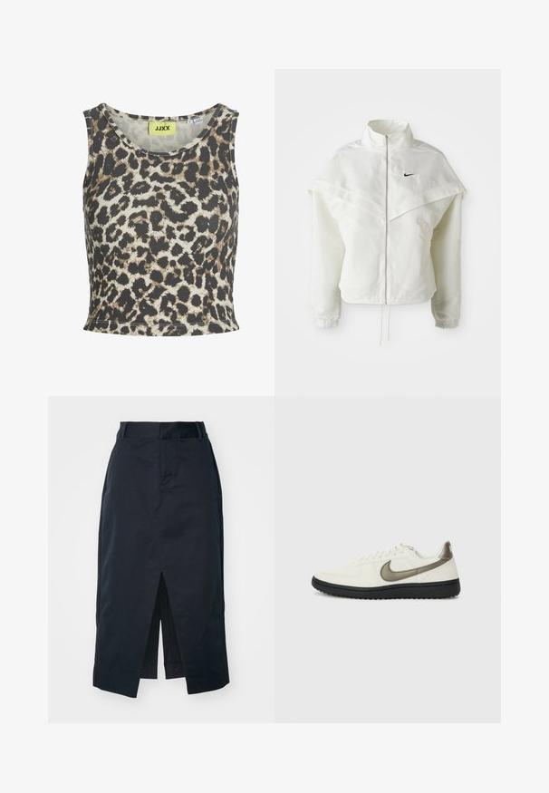 Biela bunda s dlhým rukávom na zips a vysokým golierom, s plášťovým detailom cez plecia, elastickými manžetami a malým čiernym logom Nike na hrudi.; Tank top s leopardím vzorom vyrobený z rebrovanej látky, s okrúhlym výstrihom a bezrukávovým dizajnom. Farebná paleta obsahuje béžovú, hnedú a čiernu.; Tmavomodrá midi sukňa vyrobená z bavlnenej zmesi, s predným rozparkom, skrytým zipsom a bočnými vreckami pre väčšiu funkčnosť.; Nike Sportswear FIELD GENERAL - Tenisky - off-white/black