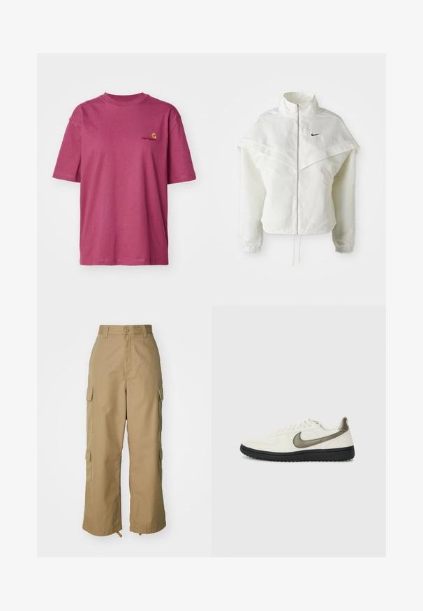 Balta ilga rankovė zip-up striukė su aukštu apykakle, švarkelio tipo detalėmis ant pečių, elastingomis rankovėmis ir mažuoju juodu Nike logotipu ant krūtinės.; Carhartt WIP AMERICAN SCRIPT - Paprasti marškinėliai - dusty fuchsia; Šviesiai rudos spalvos cargo kelnės su aukštu liemeniu, plačiomis kojomis ir keturiomis didelėmis šoninėmis kišenėmis. Pagamintos iš patvarios medžiagos su lygiu paviršiumi ir minimaliais detalėmis.; Nike Sportswear FIELD GENERAL - Sportbačiai - off-white/black