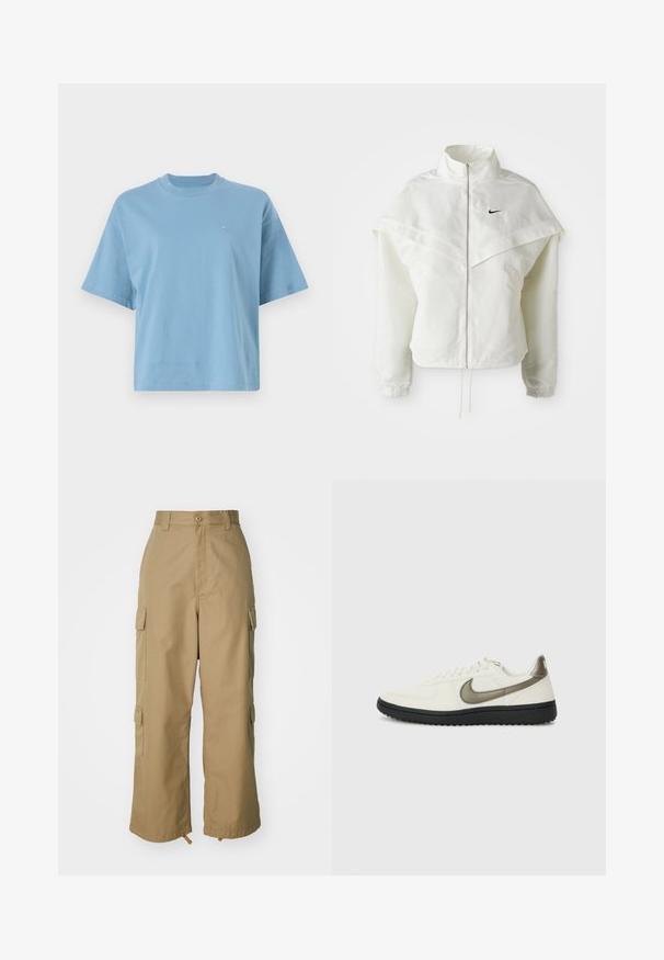 Balta ilga rankovė zip-up striukė su aukštu apykakle, švarkelio tipo detalėmis ant pečių, elastingomis rankovėmis ir mažuoju juodu Nike logotipu ant krūtinės.; Šviesiai mėlyna trumpomis rankovėmis kelnių marškinėliai, pagaminti iš medvilnės, su apvalia iškirpte ir mažu logotipu ant krūtinės. Laisvas siluetas su lygiu paviršiumi.; Šviesiai rudos spalvos cargo kelnės su aukštu liemeniu, plačiomis kojomis ir keturiomis didelėmis šoninėmis kišenėmis. Pagamintos iš patvarios medžiagos su lygiu paviršiumi ir minimaliais detalėmis.; Nike Sportswear FIELD GENERAL - Sportbačiai - off-white/black