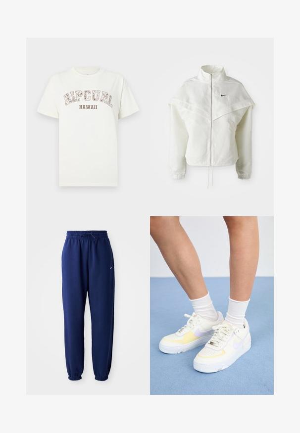 Biała, długozapinana kurtka na zamek z wysokim kołnierzem, z pelerynowym detalem na ramionach, elastycznymi mankietami i małym czarnym logo Nike na piersi.; Biała bawełniana koszulka z krótkim rękawem, z brązowym nadrukiem "RIPCURL" i "HAWAII". Prosty fason z okrągłym dekoltem.; Granatowe dresy wykonane z miękkiego materiału, z elastycznym paskiem w talii z możliwością regulacji, elastycznymi mankietami oraz małym białym logo.; Białe skórzane sneakersy z żółtymi i lawendowymi akcentami, okrągły nos, płaskie sznurówki i teksturowana gumowa podeszwa. Noszone z białymi skarpetkami.