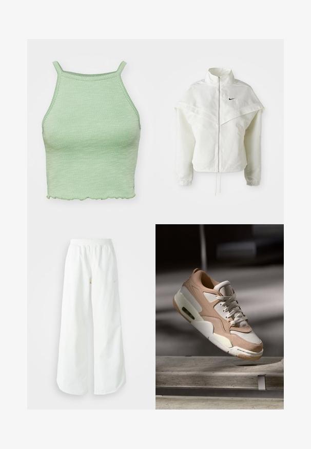 Weiße langärmlige Zip-Jacke mit hohem Kragen, cape-artigem Detail über den Schultern, elastischen Bündchen und kleinem schwarzen Nike-Logo auf der Brust.; Grünes geripptes Crop-Top mit dünnen Trägern, das einen welligen Saum und einen strukturierten Stoff aufweist. Keine auffälligen Beschläge oder Muster.; Weiße, weit geschnittene Sporthose mit einem gerippten Bund und dezentem Logo-Detail. Glattes Material mit lockerer Passform und schmal zulaufendem Saum.; Beige und weiße Sneaker mit einer glatten Leder- und Wildlederoberfläche, ausgestattet mit einer gepolsterten Zunge, einer Schnürung und einer sichtbaren Luftpolsterung.