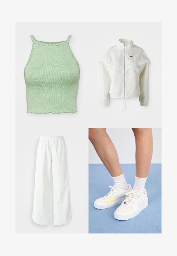 Chaqueta blanca de manga larga con cremallera y cuello alto, detalle tipo capa en los hombros, puños elásticos y pequeño logo negro de Nike en el pecho.; Top corto verde con textura y tirantes finos, que presenta un dobladillo con ondas. Sin herrajes ni patrones destacados.; Pantalones deportivos blancos de pierna ancha con una cinturilla acanalada y un sutil detalle de logo. Tela suave con un ajuste relajado y dobladillo ajustado.; Zapatillas de cuero blancas con acentos amarillos y lavanda, punta redonda, cordones planos y suela de goma texturizada. Llevadas con calcetines blancos.